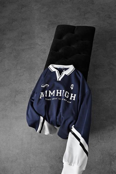 Erkek Lacivert Aimhigh Baskılı Polo Yaka Oversize Sweatshirt