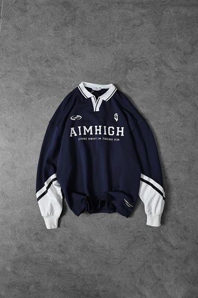 Erkek Lacivert Aimhigh Baskılı Polo Yaka Oversize Sweatshirt