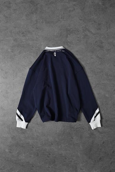 Erkek Lacivert Aimhigh Baskılı Polo Yaka Oversize Sweatshirt