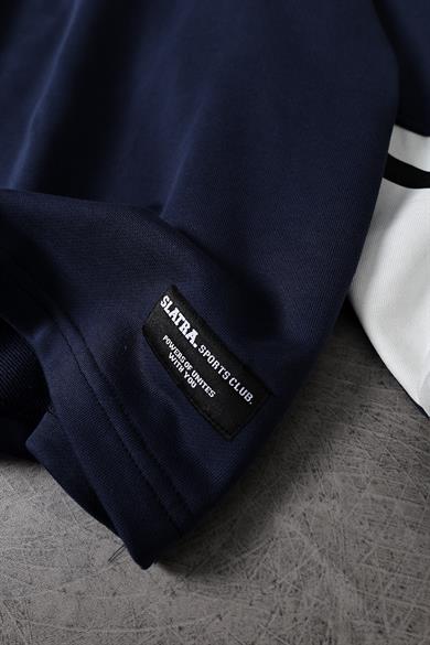 Erkek Lacivert Aimhigh Baskılı Polo Yaka Oversize Sweatshirt