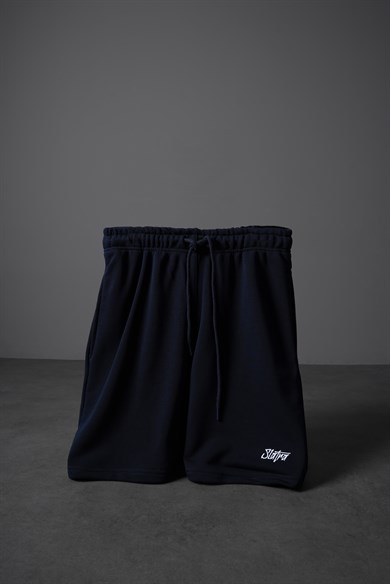 Erkek Lacivert Basic Nakışlı Diz Üstü Şort