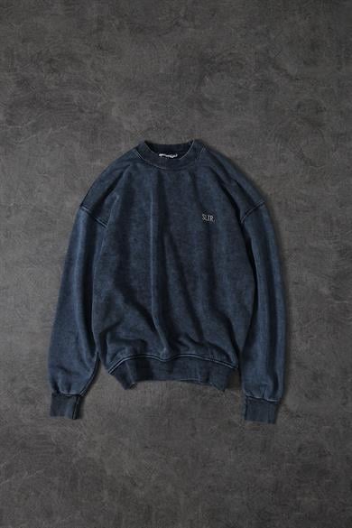 Erkek Lacivert Basic Yıkamalı Bisiklet Yaka Oversize Sweatshirt