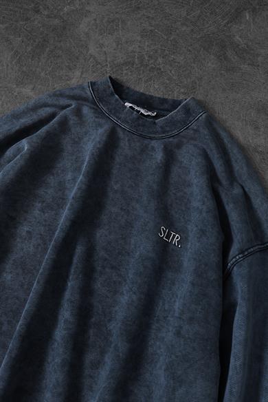 Erkek Lacivert Basic Yıkamalı Bisiklet Yaka Oversize Sweatshirt