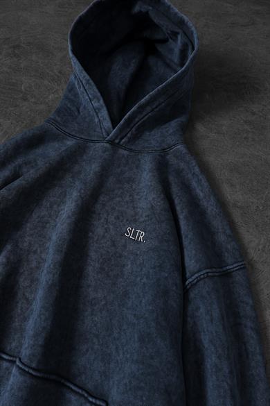 Erkek Lacivert Basic Yıkamalı Kapüşonlu Oversize Sweatshirt