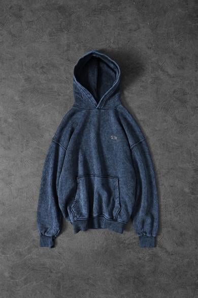 Erkek Lacivert Basic Yıkamalı Kapüşonlu Oversize Sweatshirt