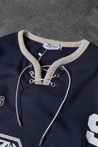 Erkek Lacivert Baskılı 21 Polo Yaka Oversize Forma Sweatshirt