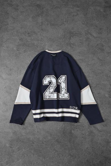 Erkek Lacivert Baskılı 21 Polo Yaka Oversize Forma Sweatshirt