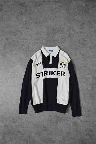 Erkek Lacivert-Beyaz Striker Polo Yaka Oversize Kazak