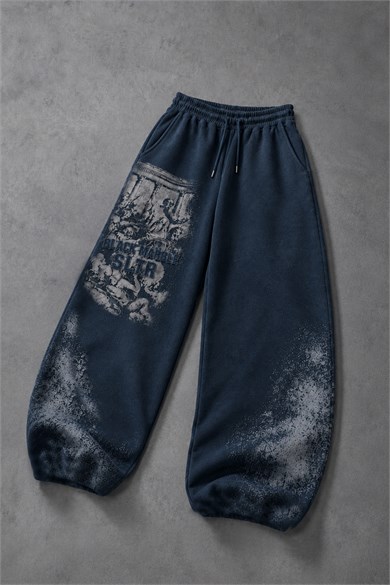 Erkek Lacivert Black Marble Özel Yıkamalı Baggy Eşofman