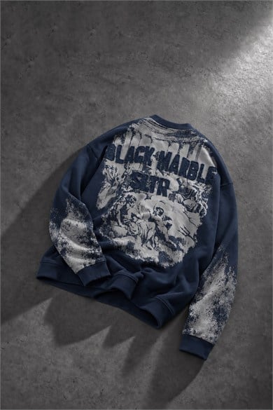 Erkek Lacivert Black Marble Özel Yıkamalı Oversize Sweatshirt