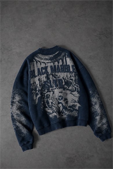 Erkek Lacivert Black Marble Özel Yıkamalı Oversize Sweatshirt