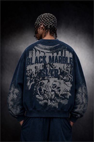 Erkek Lacivert Black Marble Özel Yıkamalı Oversize Sweatshirt
