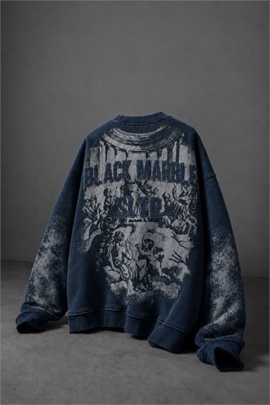 Erkek Lacivert Black Marble Özel Yıkamalı Oversize Sweatshirt