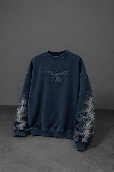 Erkek Lacivert Black Marble Özel Yıkamalı Oversize Sweatshirt