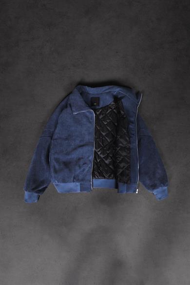 Erkek Lacivert Bomber Fermuarlı Astarlı Kadife Fitilli Ceket