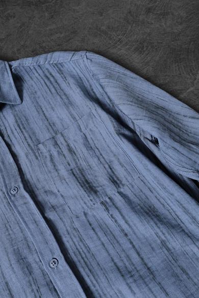 Erkek Lacivert Çizgi Detaylı Cepli Oversize Uzun Kollu Gömlek