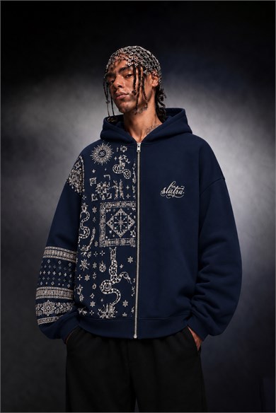 Erkek Lacivert Codex Oversize Full Zip Hoodie
