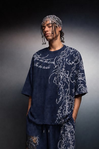 Erkek Lacivert Crow Patch Oversize Yıkama Efektli Tshirt