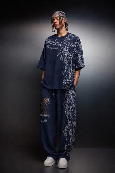 Erkek Lacivert Crow Patch Oversize Yıkama Efektli Tshirt