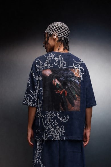 Erkek Lacivert Crow Patch Oversize Yıkama Efektli Tshirt