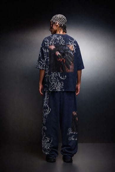 Erkek Lacivert Crow Patch Oversize Yıkama Efektli Tshirt