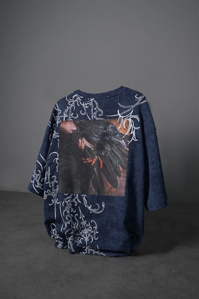 Erkek Lacivert Crow Patch Oversize Yıkama Efektli Tshirt