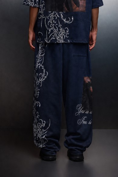 Erkek Lacivert Crow Patch Yıkama Efektli Baggy Eşofman