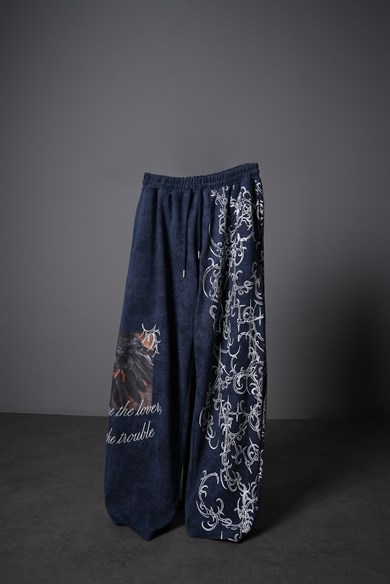 Erkek Lacivert Crow Patch Yıkama Efektli Baggy Eşofman