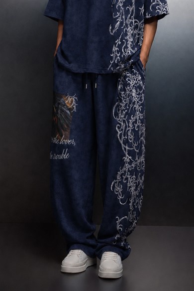 Erkek Lacivert Crow Patch Yıkama Efektli Baggy Eşofman