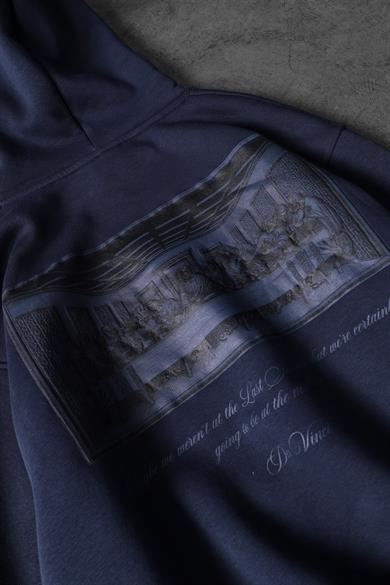 Erkek Lacivert Da Vinci Kabartma Baskılı Oversize Kapüşonlu Sweatshirt
