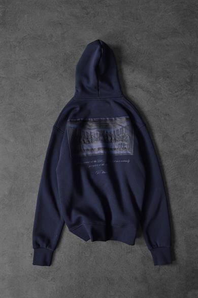 Erkek Lacivert Da Vinci Kabartma Baskılı Oversize Kapüşonlu Sweatshirt