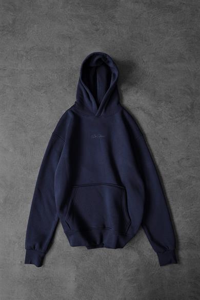 Erkek Lacivert Da Vinci Kabartma Baskılı Oversize Kapüşonlu Sweatshirt