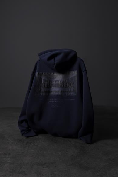Erkek Lacivert Da Vinci Kabartma Baskılı Oversize Kapüşonlu Sweatshirt