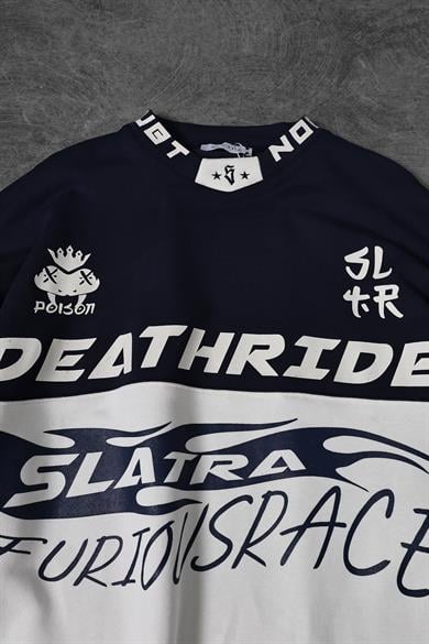 Erkek Lacivert Deathride Baskılı V Yaka Oversize Racing Sweatshirt