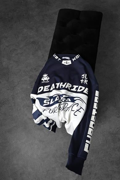 Erkek Lacivert Deathride Baskılı V Yaka Oversize Racing Sweatshirt