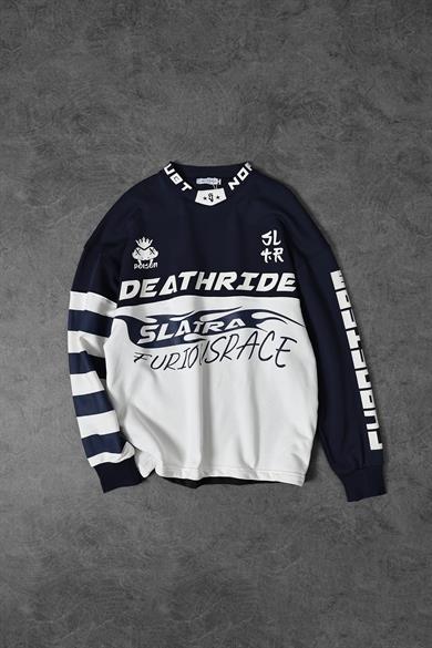 Erkek Lacivert Deathride Baskılı V Yaka Oversize Racing Sweatshirt
