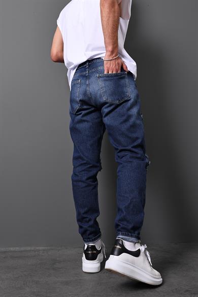 Erkek Lacivert Diz Yırtık Boyfriend Pantolon