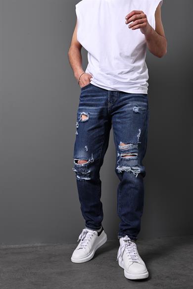 Erkek Lacivert Diz Yırtık Boyfriend Pantolon