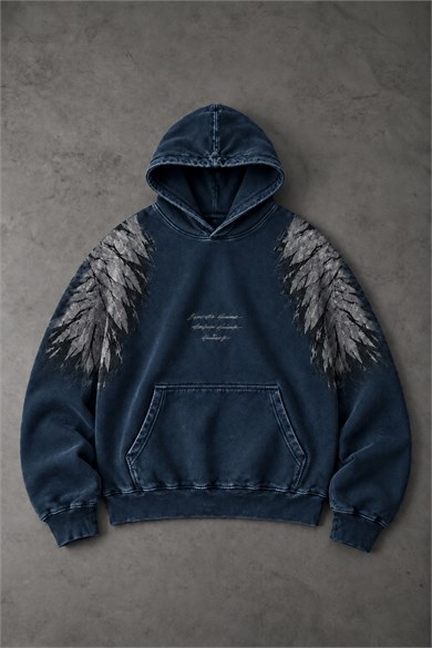 Erkek Lacivert Eagle Özel Yıkamalı Oversize Hoodie