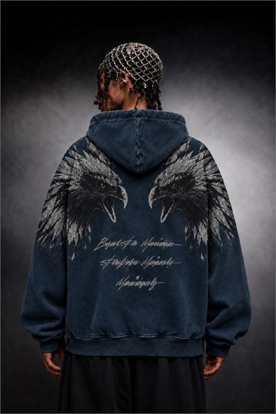 Erkek Lacivert Eagle Özel Yıkamalı Oversize Hoodie