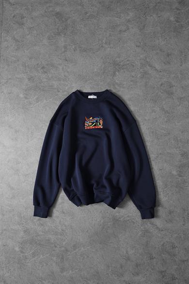 Erkek Lacivert Eye Of Ra Nakış İşlemeli Oversize Sweatshirt
