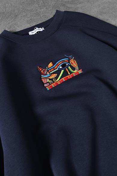 Erkek Lacivert Eye Of Ra Nakış İşlemeli Oversize Sweatshirt