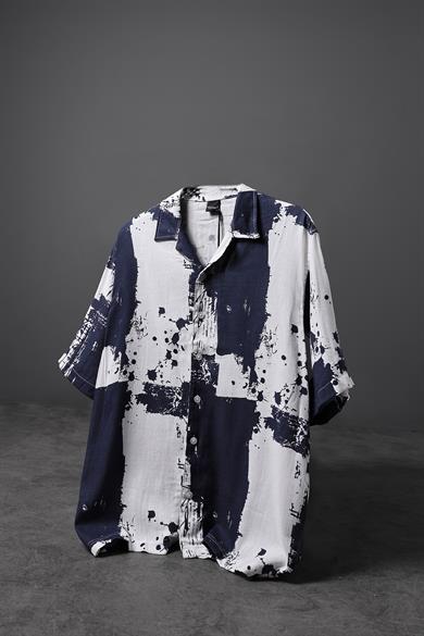Erkek Lacivert Fırça Desen Keten Kumaş Oversize Kısa Kollu Gömlek