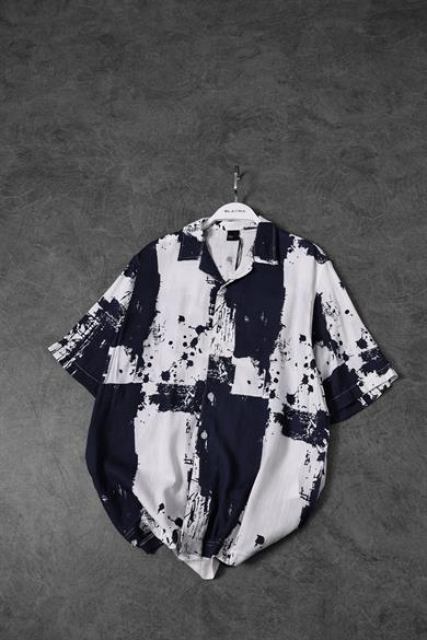 Erkek Lacivert Fırça Desen Keten Kumaş Oversize Kısa Kollu Gömlek