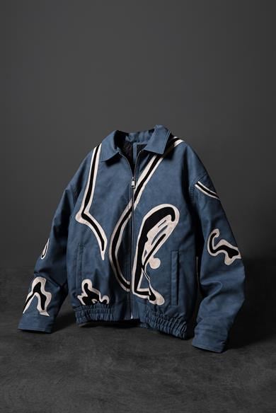 Erkek Lacivert Full Zip Nakışlı Garnili Astarlı Deri Ceket