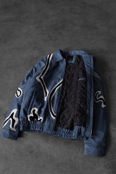 Erkek Lacivert Full Zip Nakışlı Garnili Astarlı Deri Ceket