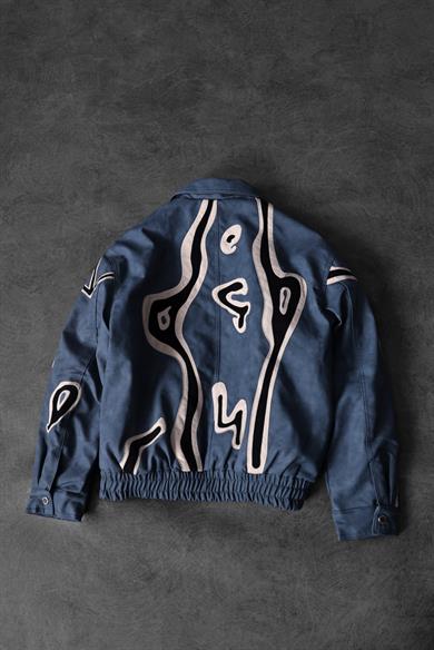 Erkek Lacivert Full Zip Nakışlı Garnili Astarlı Deri Ceket