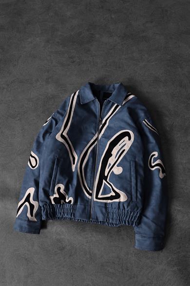 Erkek Lacivert Full Zip Nakışlı Garnili Astarlı Deri Ceket