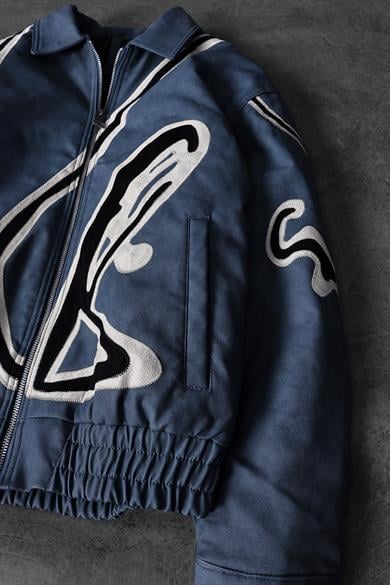 Erkek Lacivert Full Zip Nakışlı Garnili Astarlı Deri Ceket