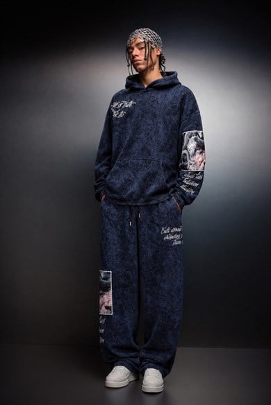 Erkek Lacivert İllusion Nakışlı Patchli Yıkamalı Baggy Eşofman